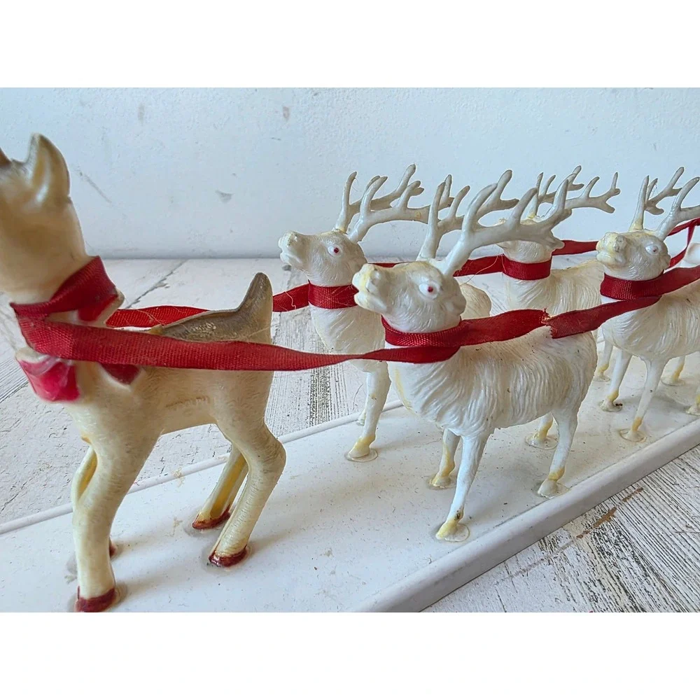 Antique plastic reindeer sleigh Santa vintage Xmas decor Rudolph